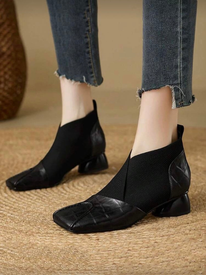 Chaussures Femme à Décolleté Profond – Bout Carré, Talon Moyen Épais, Bottines Élastiques Élégantes Printemps/Automne