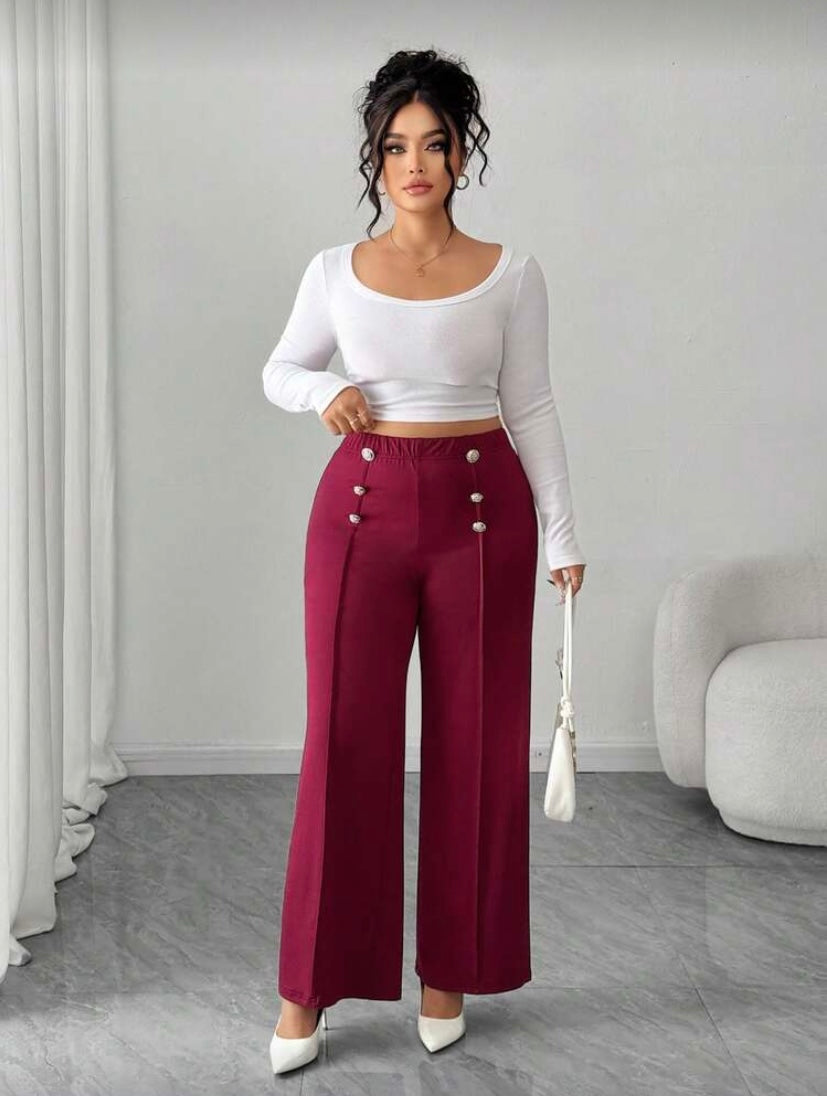Legging Long Grande Taille en Maille, Rouge Bordeaux et Or, Boutons Décoratifs, Style Élégant