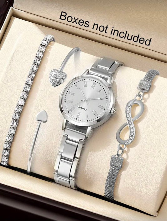 Coffret Élégance 4 Pièces – Montre Quartz à Chiffres Romains et Bracelets Assortis ✨🎁
