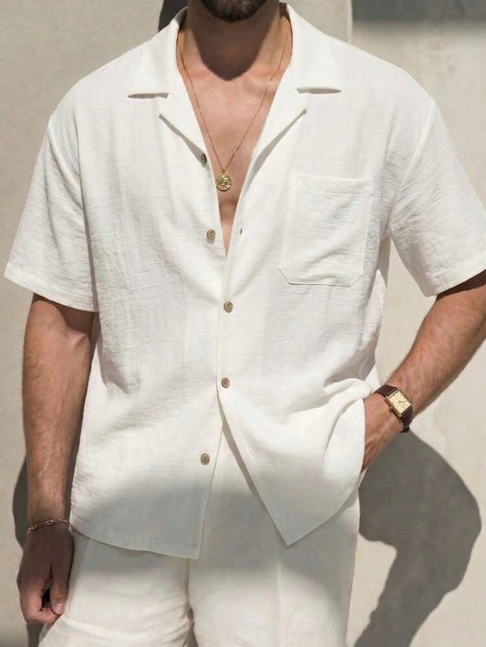Chemise décontractée pour homme coupe ample effet lin, légère et respirante, idéale pour les vacances d’été et les sorties décontractées.