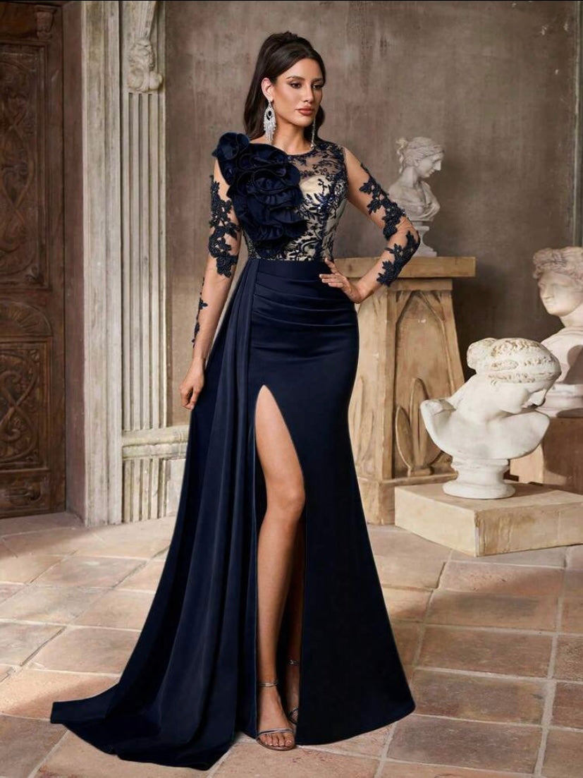 Robe de soirée luxueuse en satin à col V avec sequins raffinés, manches drapées en chiffon et coupe sirène plissée, idéale pour galas, mariages et occasions formelles