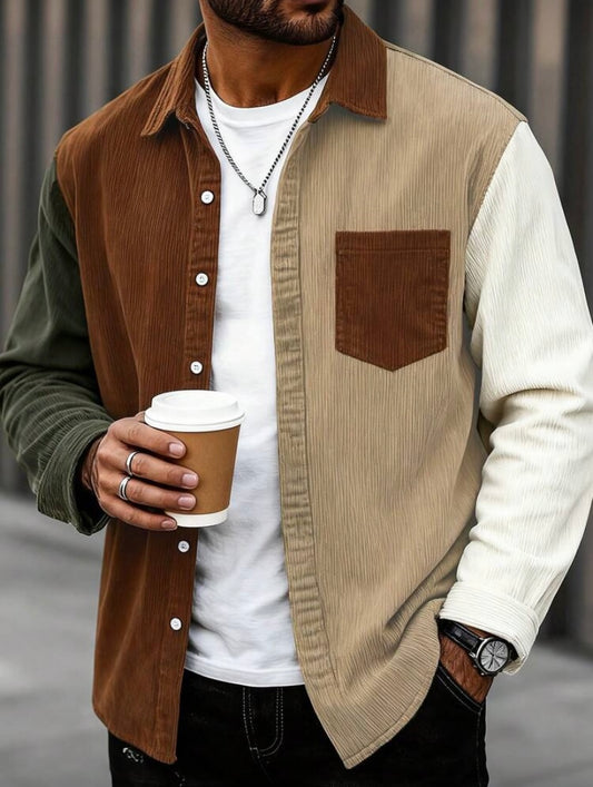 Shacket Homme en Velours Côtelé – Panneaux Contrastés, Manche Longue, Style Casual Automne