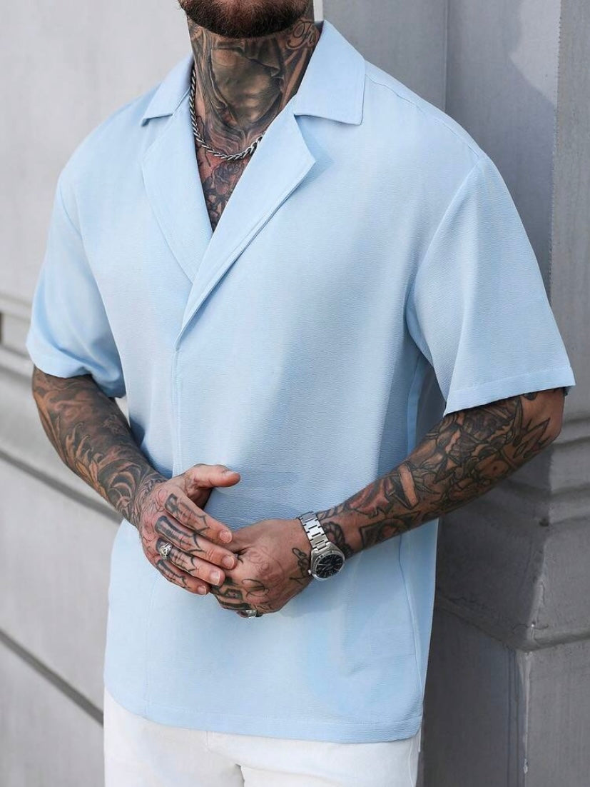 Chemise décontractée homme à col à revers, coupe ample unie, style été et vacances décontractées