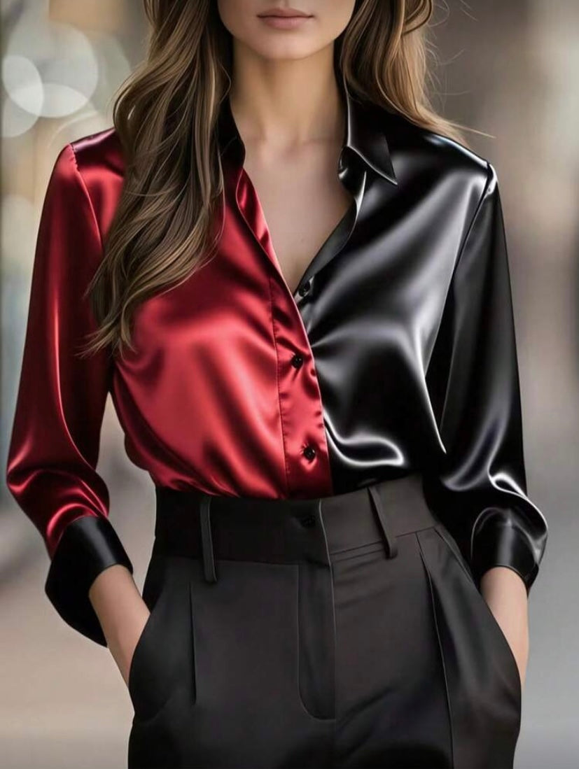 Chemise satinée à boutons et color block, manches longues, style élégant pour le quotidien 👚