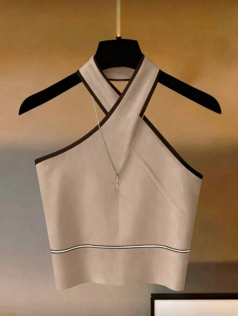 Haut sans manches à col halter avec finitions contrastées, style élégant et polyvalent 👚