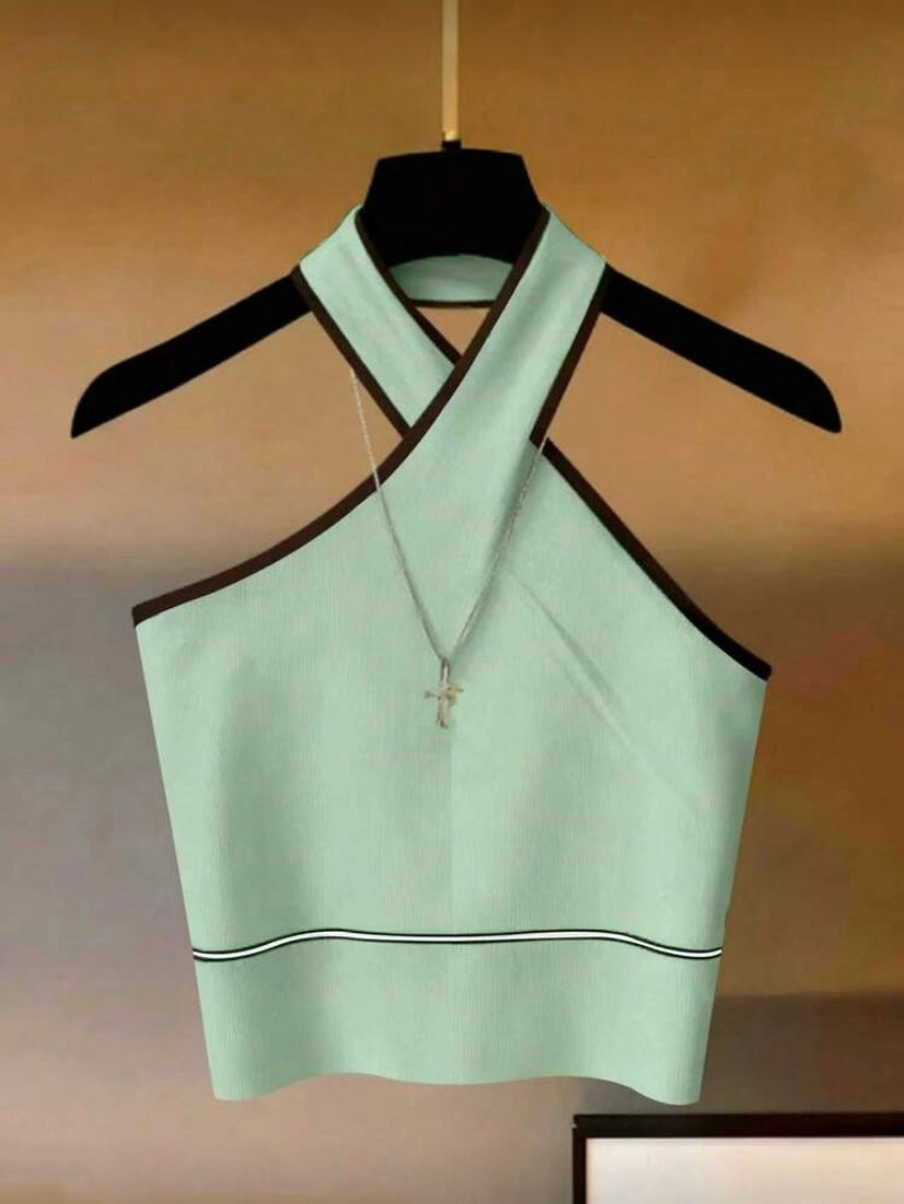 Haut sans manches à col halter avec finitions contrastées, style élégant et polyvalent 👚